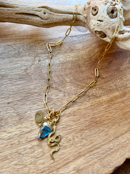 Labradorite + Gold Stainless Steel Carabiner Charm Necklace