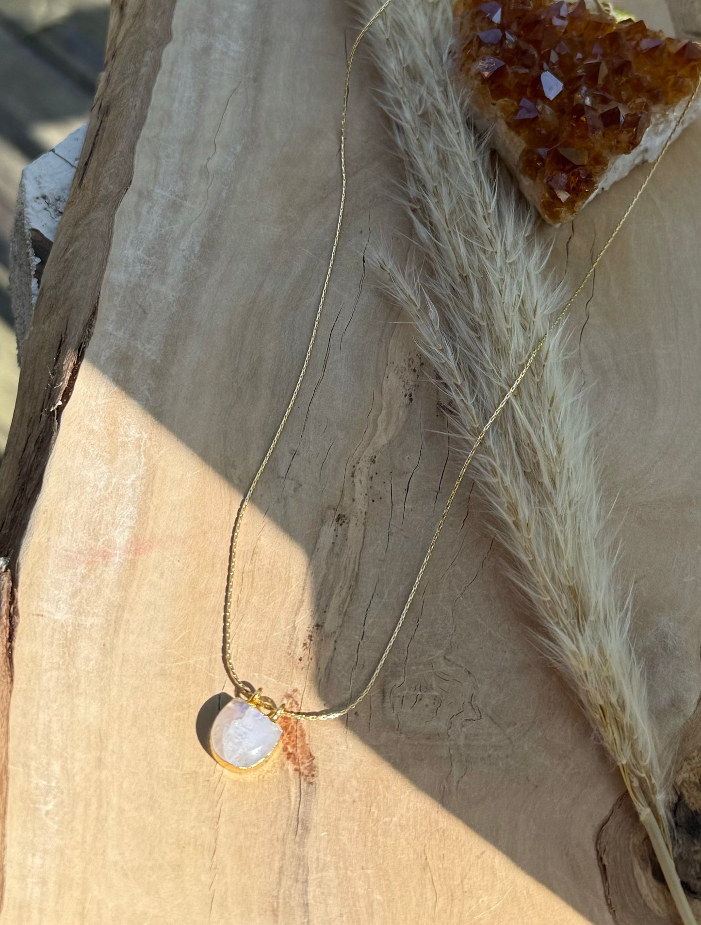 Rainbow Moonstone + Gold Pendant Necklace