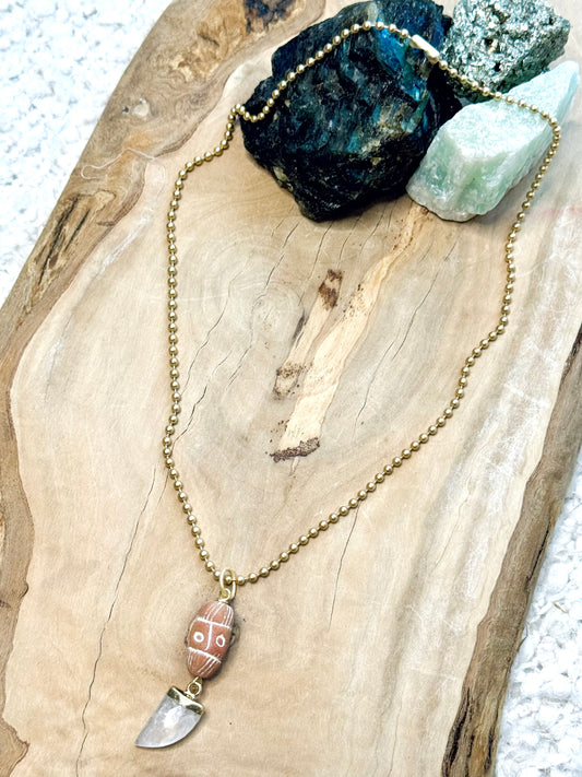 Quartz + African Ceramic Matte Gold Boho Necklace