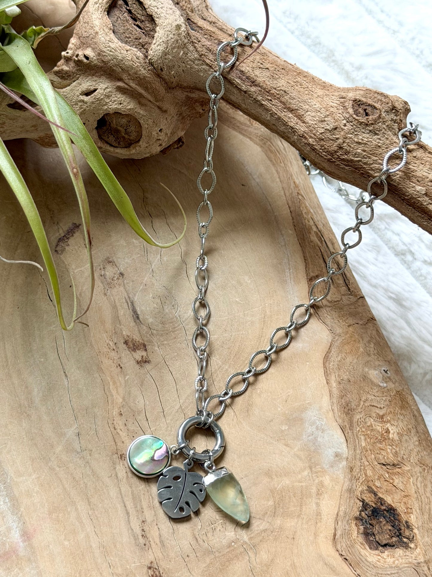 Prehnite + Abalone Silver Stainless Carabiner Charm Necklace