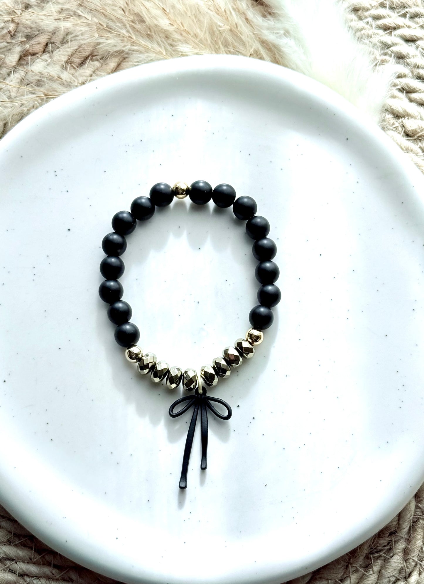 Matte Black Onyx + Champagne Hematite -  Black Bow Band