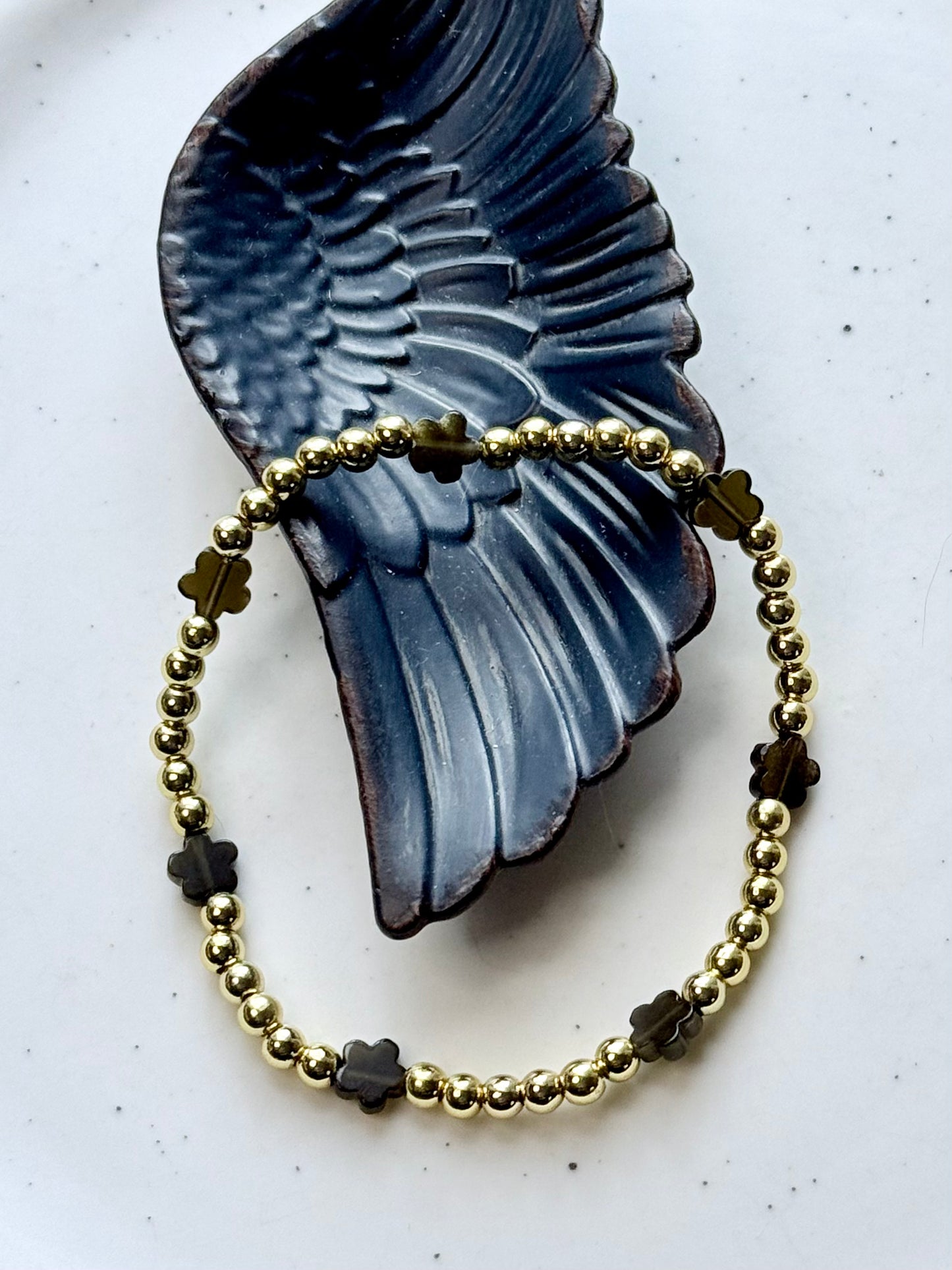 Gold Obsidian Flower + Gold Beaded Bracelet