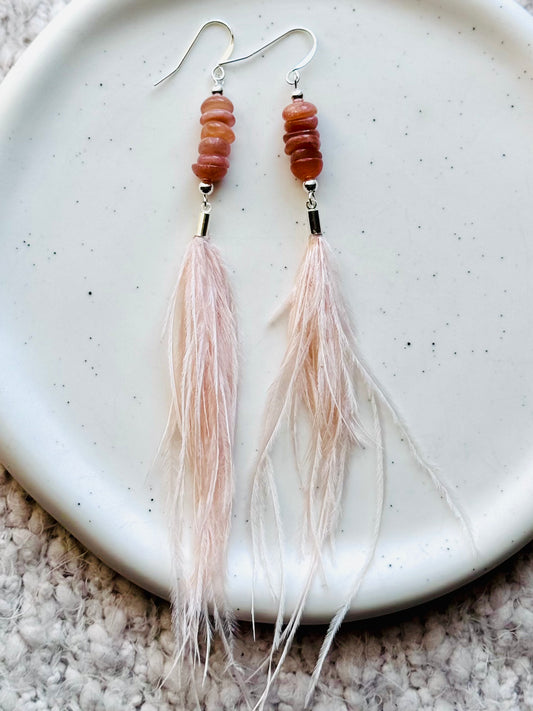 Peach Moonstone + Silver Soft Pink Feather Earrings