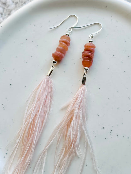 Peach Moonstone + Silver Soft Pink Feather Earrings