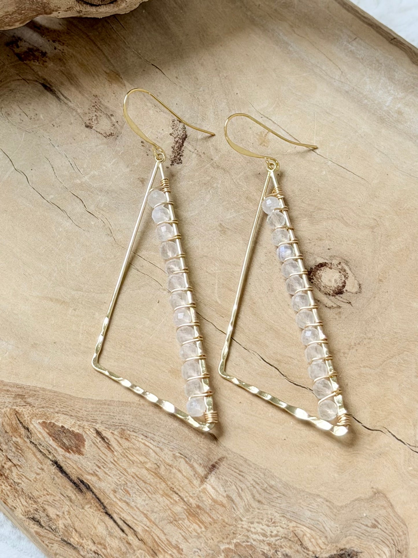 Rainbow Moonstone + Gold Large Triangle Earrings