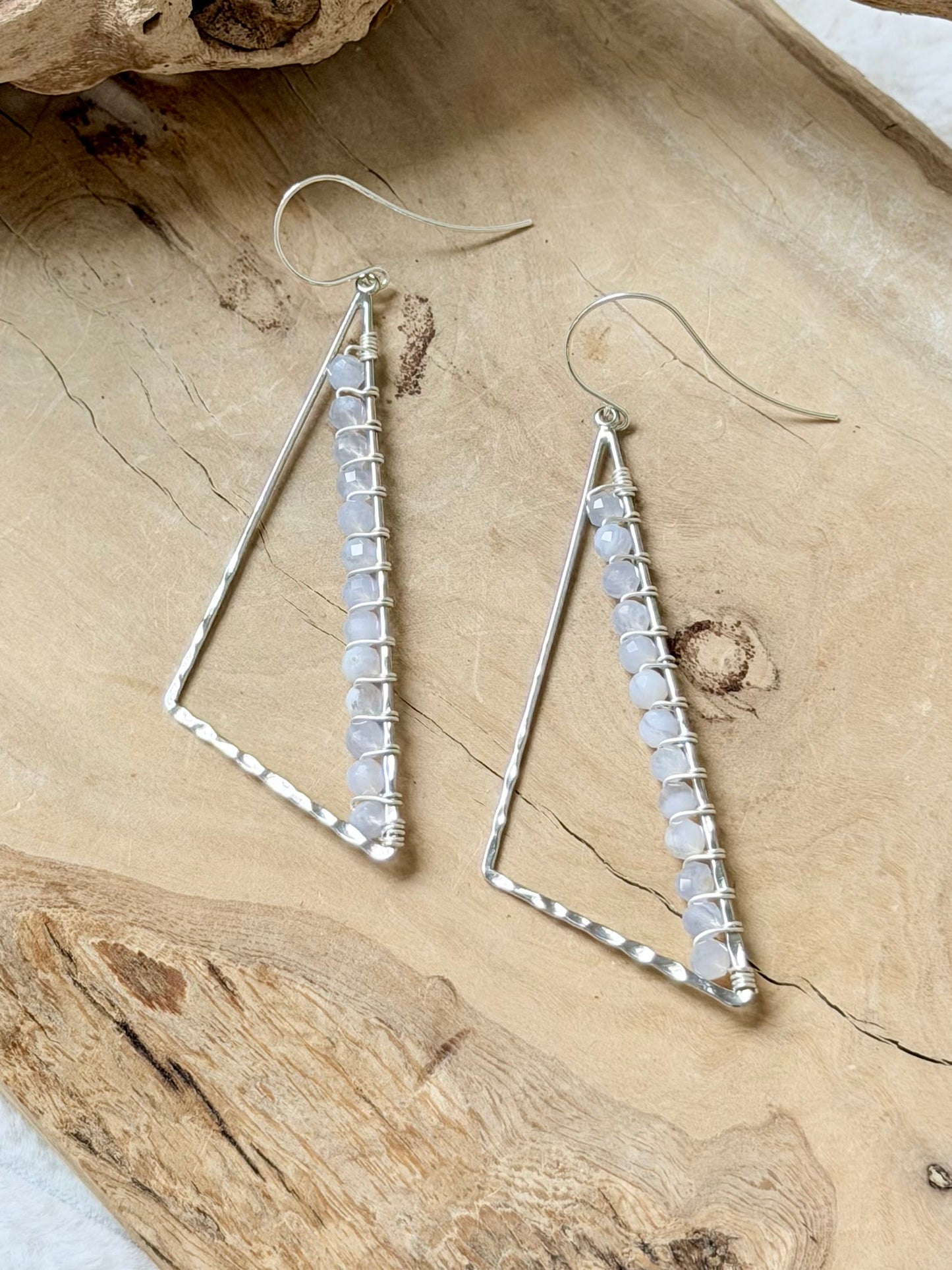 Blue Lace Agate + Silver Large Triangle Earrings