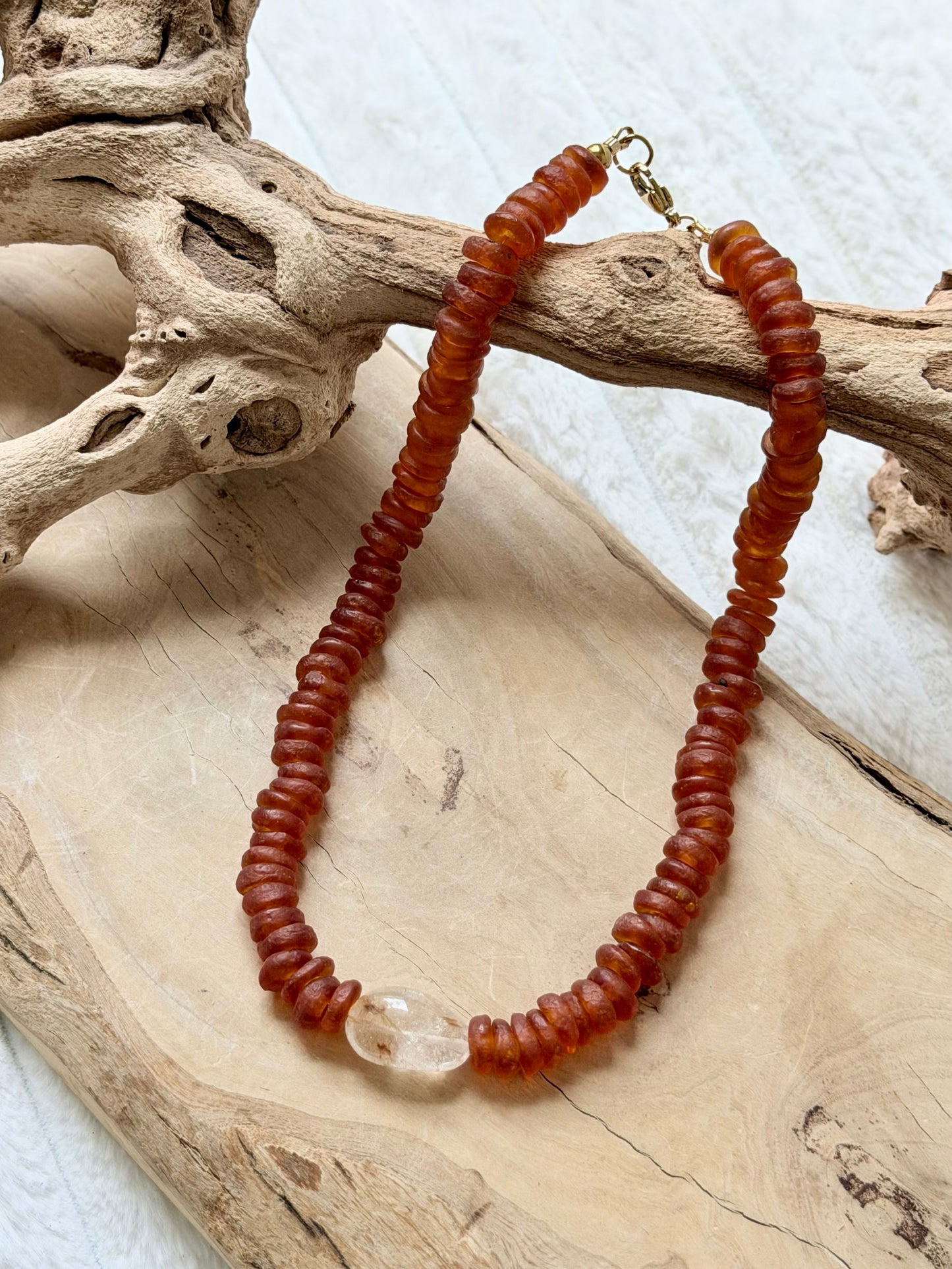 Gold Rutile Quartz + Amber African Glass Chunky Necklace