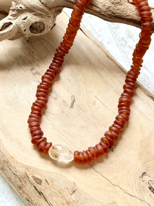 Gold Rutile Quartz + Amber African Glass Chunky Necklace