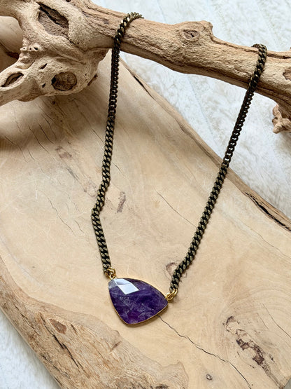 Amethyst + Antique Brass Necklace