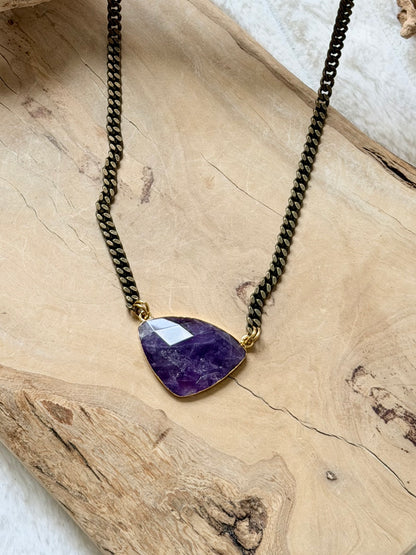 Amethyst + Antique Brass Necklace