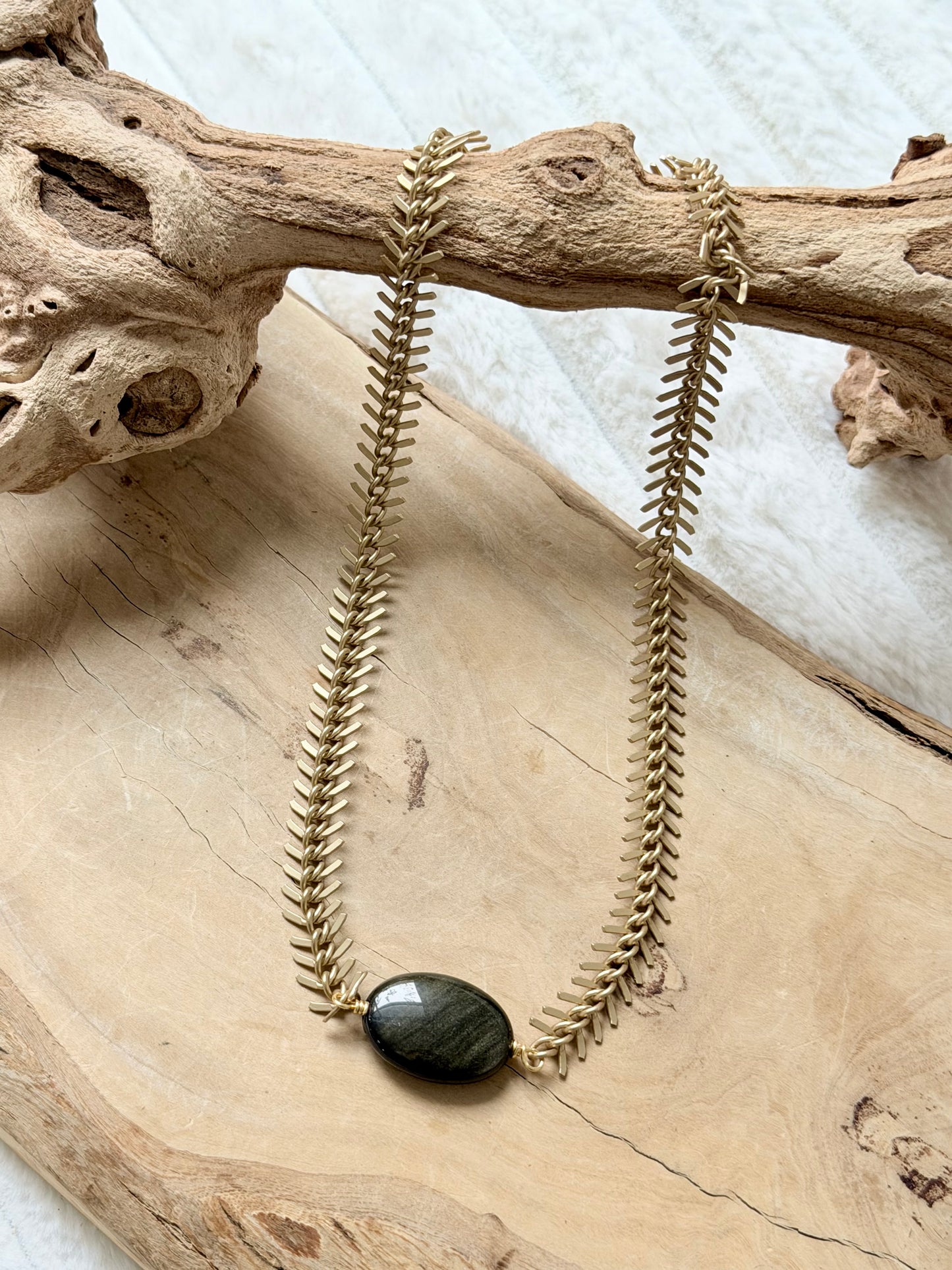 Golden Obsidian + Matte Gold Fishbone Necklace