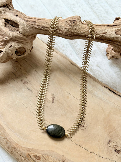 Golden Obsidian + Matte Gold Fishbone Necklace