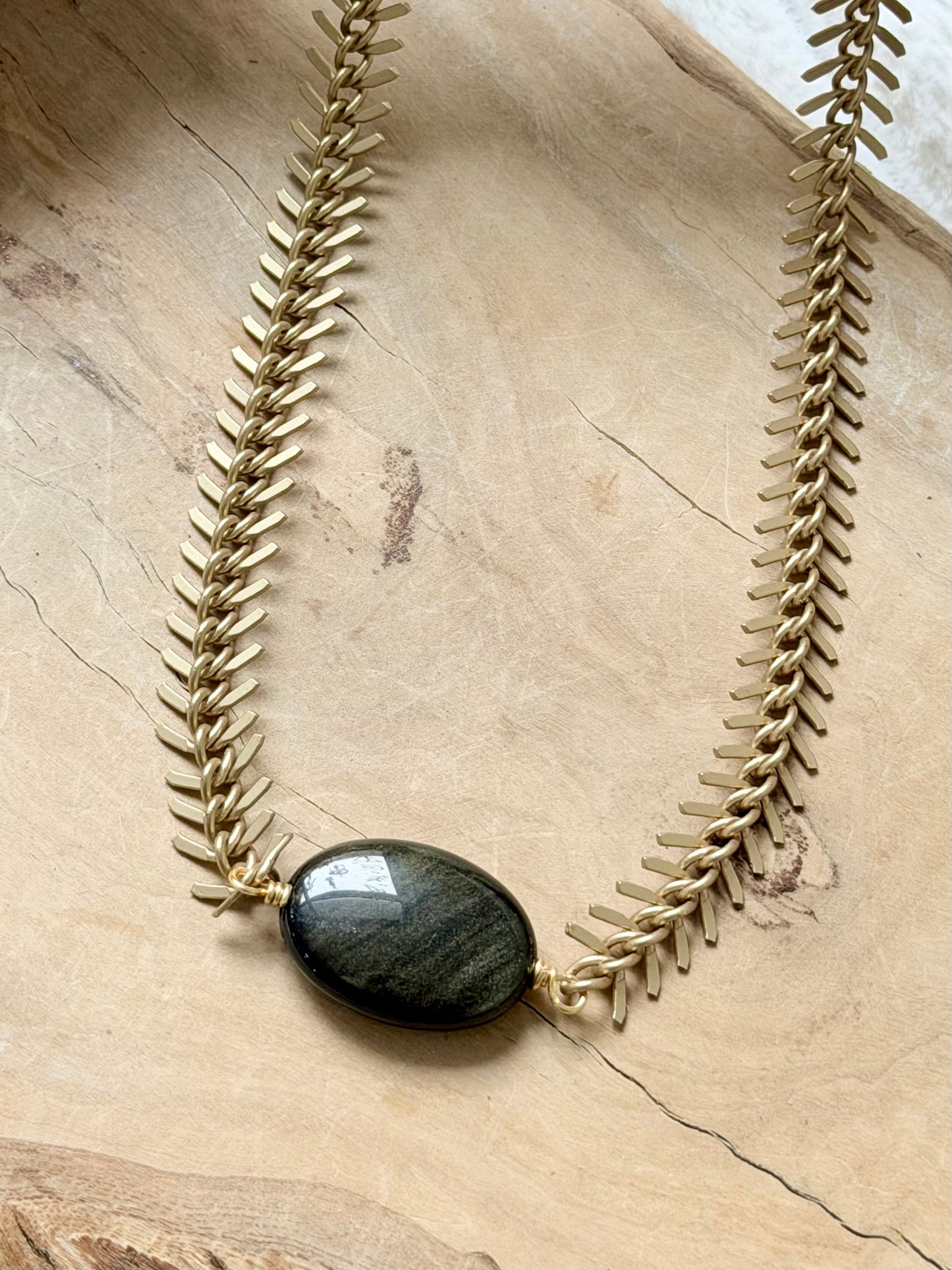 Golden Obsidian + Matte Gold Fishbone Necklace