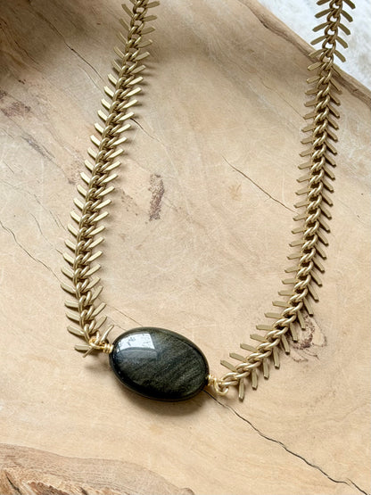 Golden Obsidian + Matte Gold Fishbone Necklace