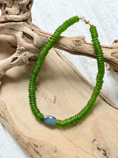 Blue Labradorite + Lime Green African Glass Chunky Necklace