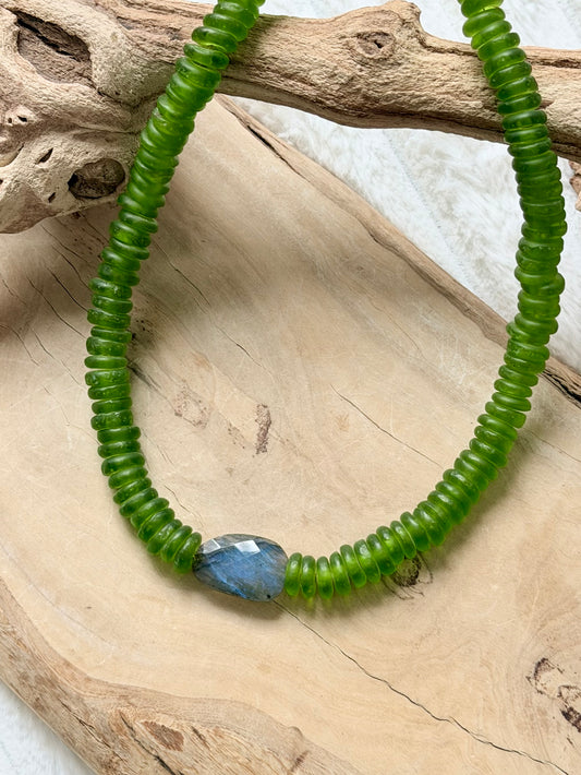 Blue Labradorite + Lime Green African Glass Chunky Necklace