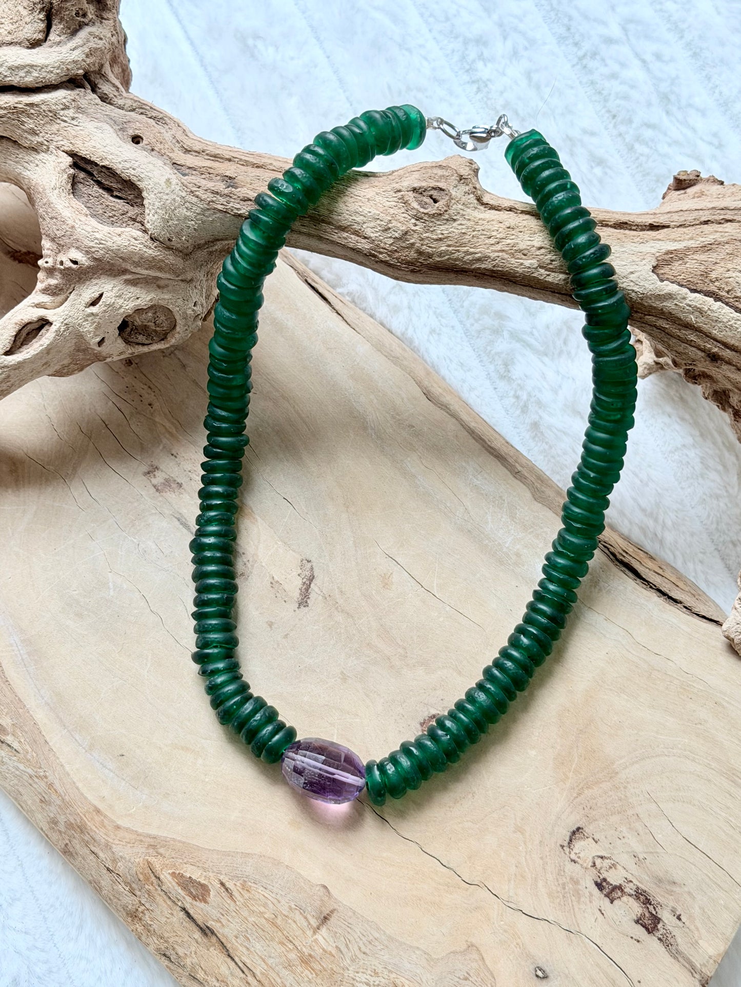 Amethyst  + Forest Green African Glass Chunky Necklace
