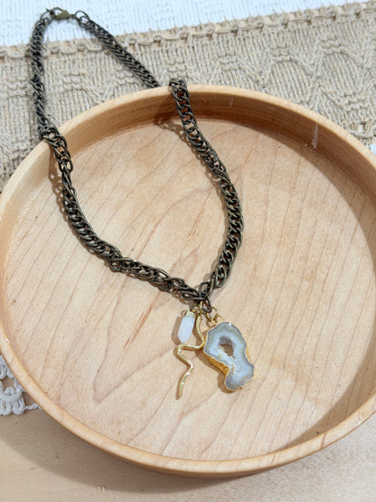 Agate Geode + Moonstone Antique Brass Necklace