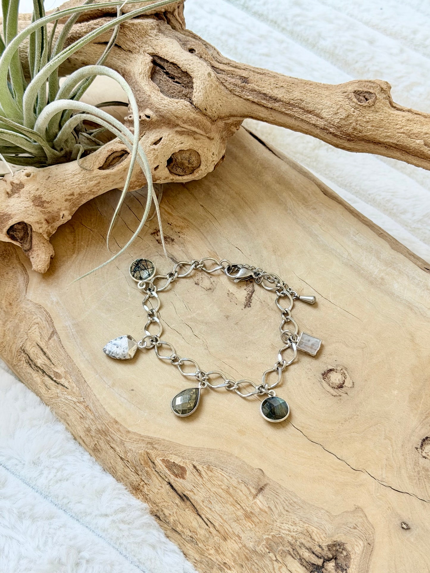 Mixed Gemstone + Silver Charm Bracelet