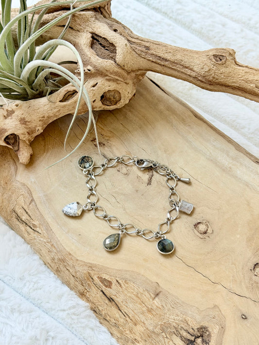 Mixed Gemstone + Silver Charm Bracelet