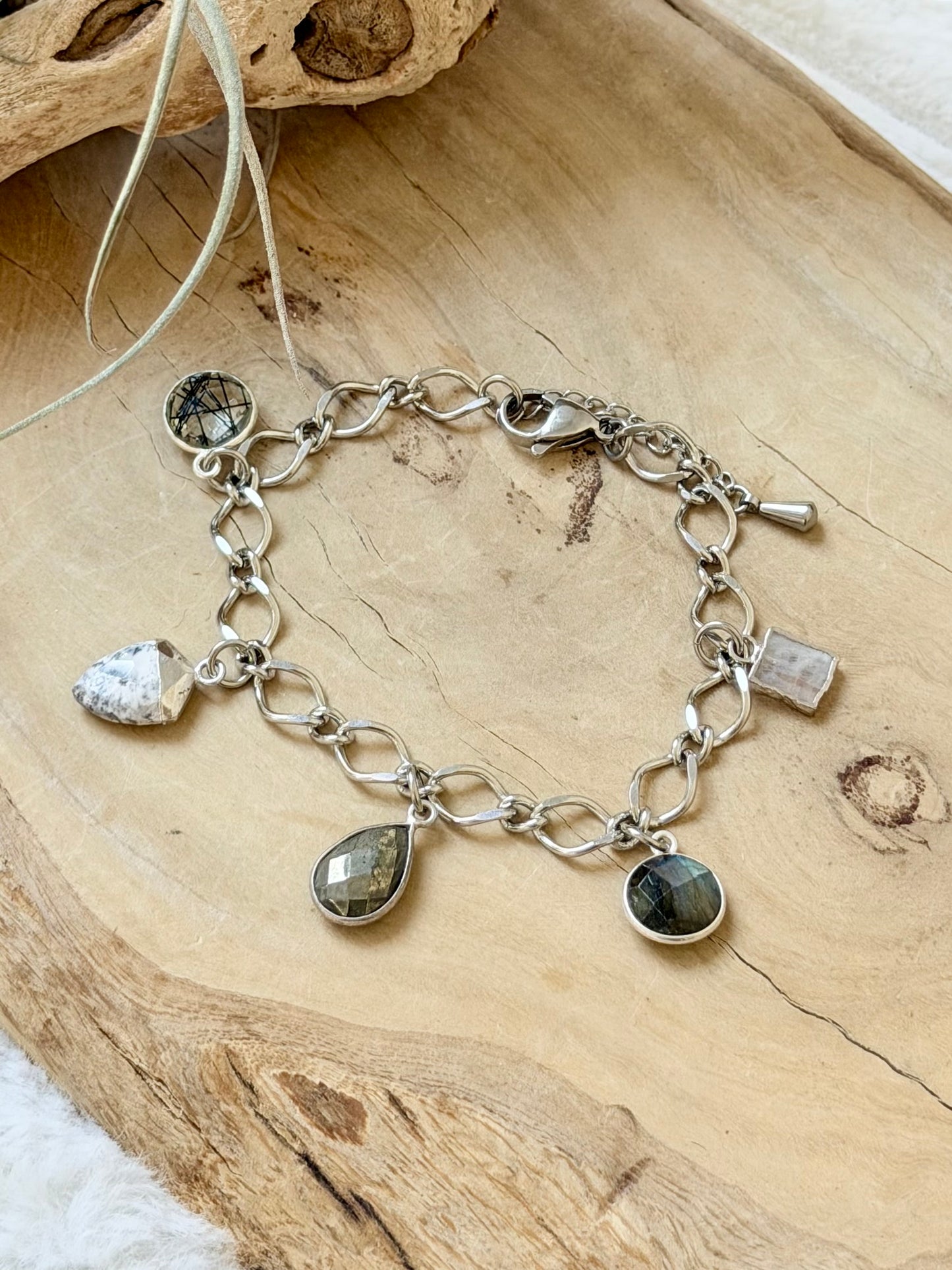 Mixed Gemstone + Silver Charm Bracelet