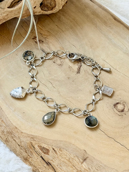 Mixed Gemstone + Silver Charm Bracelet