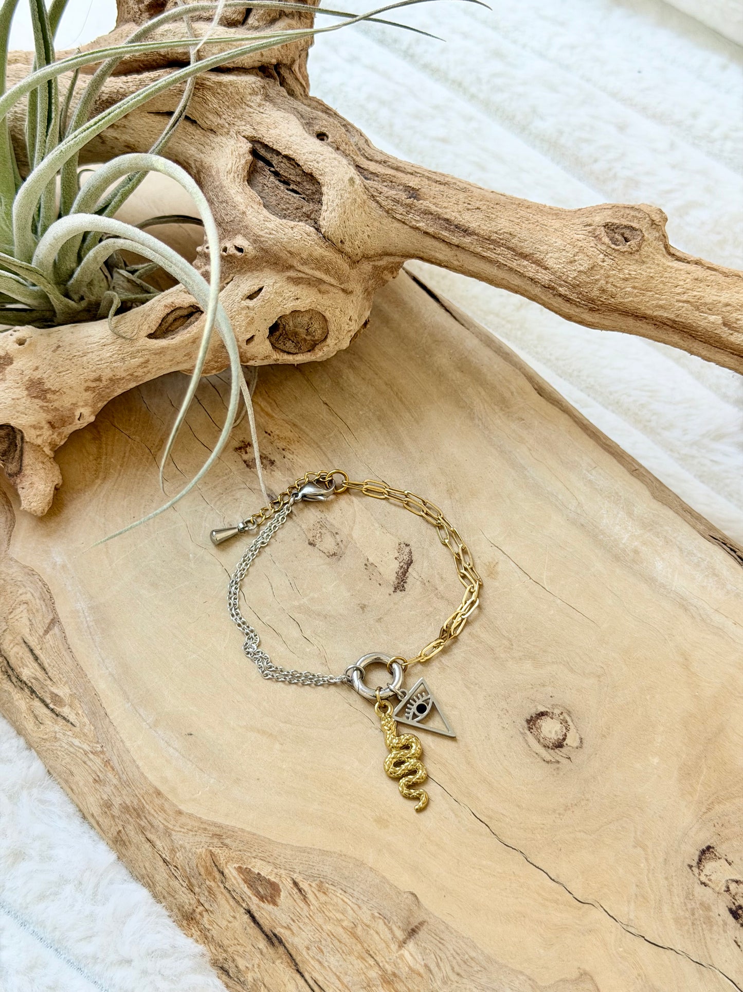 Mixed Metal Carabiner Bracelet (Gold Snake + Silver Eye)