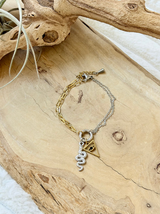 Mixed Metal Carabiner Bracelet (Silver Snake + Gold Eye)