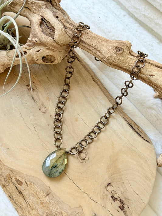 Labradorite Triangle Pendant + Antique Brass Necklace