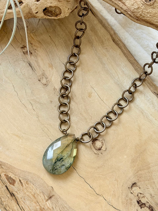 Labradorite Triangle Pendant + Antique Brass Necklace
