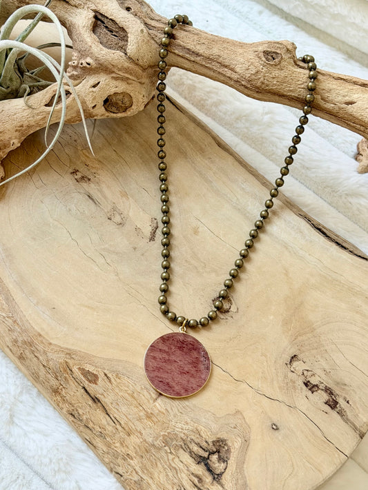 Strawberry Quartz + Antique Brass Ball Chain Necklace