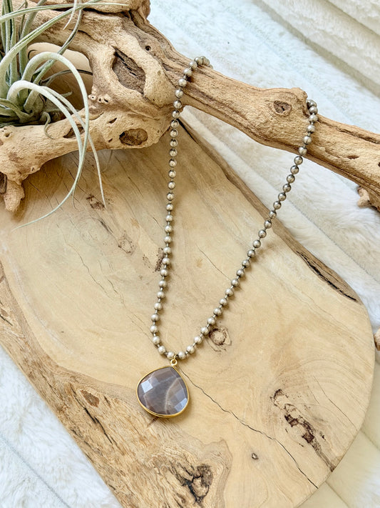 Chocolate Moonstone + Antique Silver Ball Chain Necklace