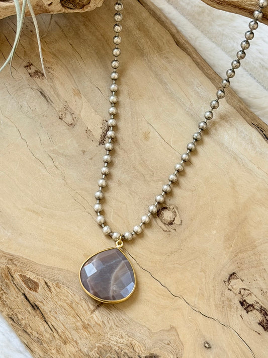 Chocolate Moonstone + Antique Silver Ball Chain Necklace