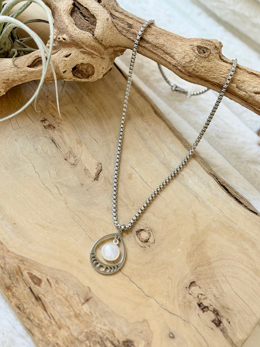Rainbow Moonstone + Stainless Moon Phases Necklace