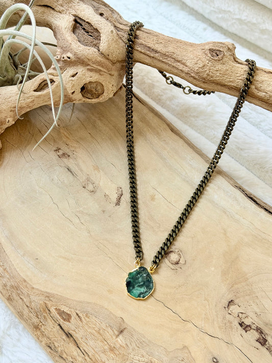 Emerald + Antique Brass Necklace