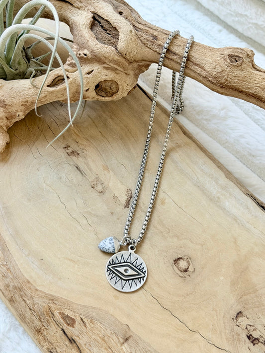 Dendritic Opal + Silver Evil Eye Necklace