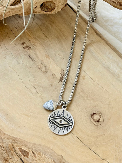 Dendritic Opal + Silver Evil Eye Necklace