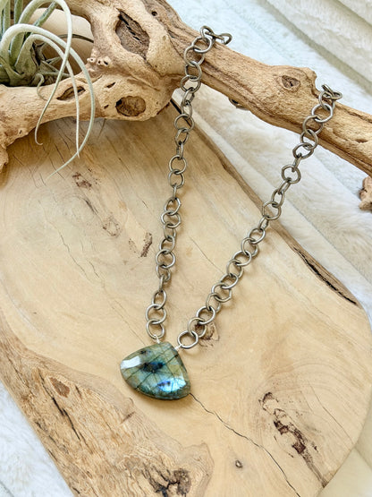 Labradorite Triangle Pendant + Antique Silver Necklace