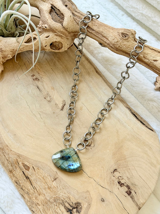 Labradorite Triangle Pendant + Antique Silver Necklace