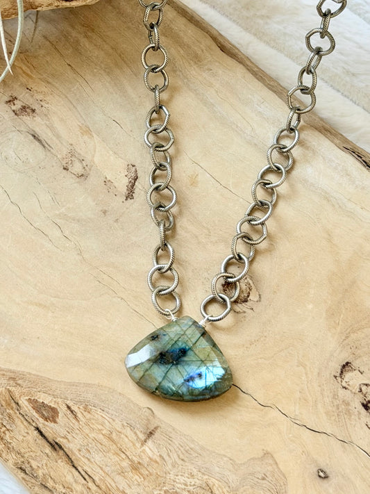 Labradorite Triangle Pendant + Antique Silver Necklace