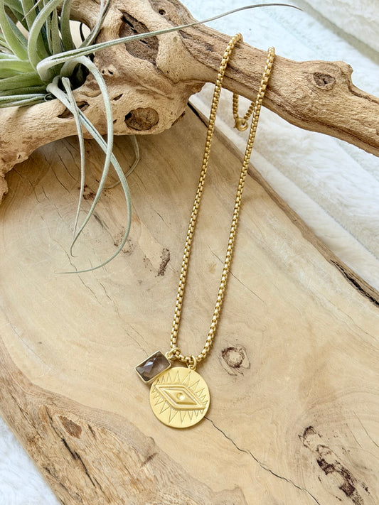 Smoky Quartz + Matte Gold Evil Eye Necklace