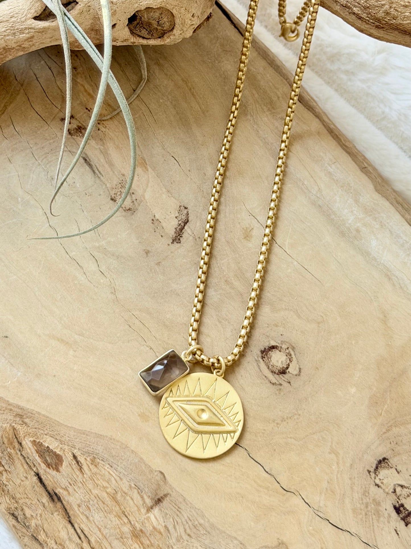 Smoky Quartz + Matte Gold Evil Eye Necklace