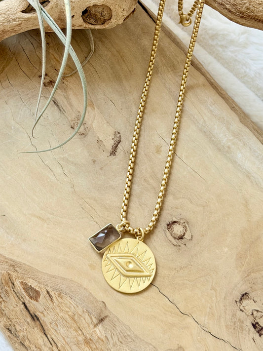 Smoky Quartz + Matte Gold Evil Eye Necklace