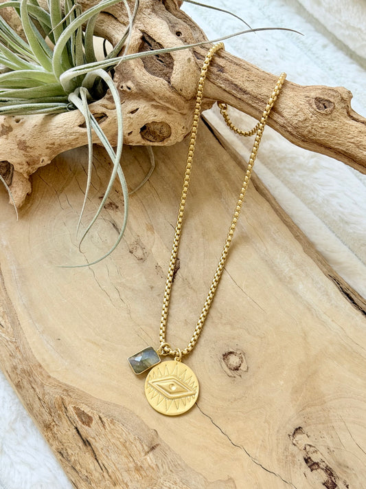 Labradorite + Matte Gold Evil Eye Necklace