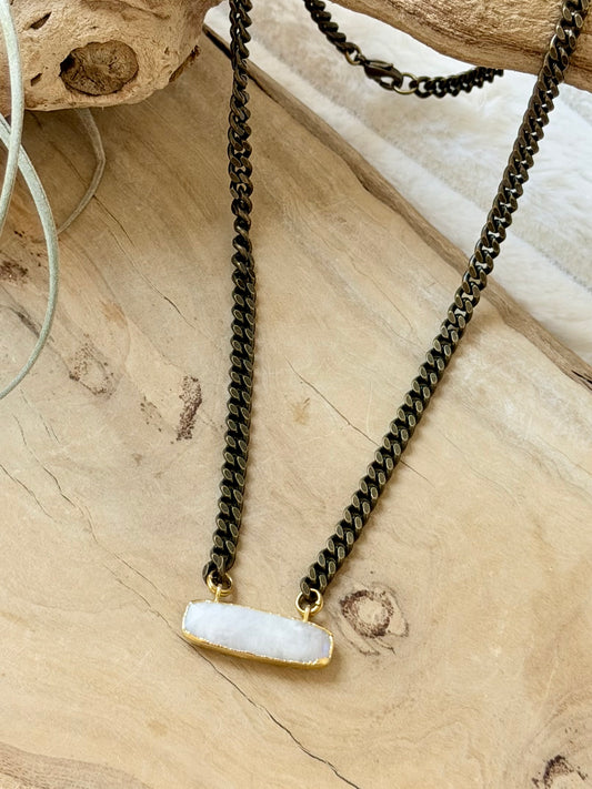 Rainbow Moonstone + Antique Brass Necklace