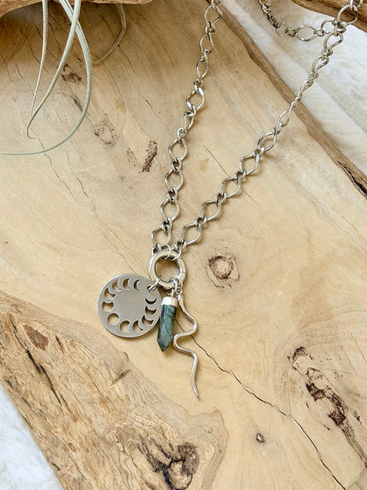 Labradorite Spike + Silver Carabiner Charm Necklace