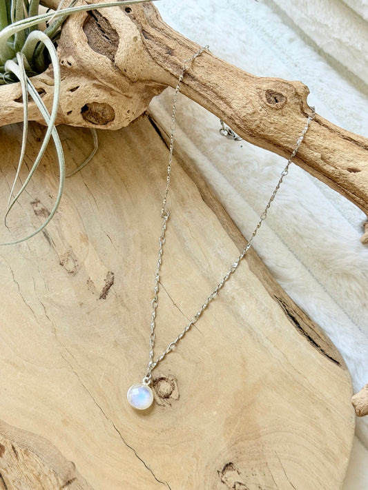 Rainbow Moonstone + Stainless Steel Necklace