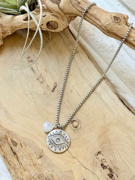 Rainbow Moonstone + Silver Evil Eye Necklace