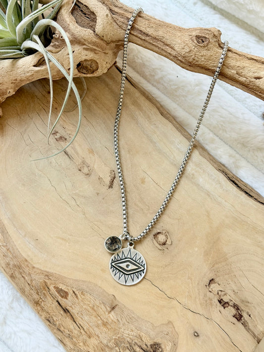 Tourmaline in Quartz + Silver Evil Eye Necklace