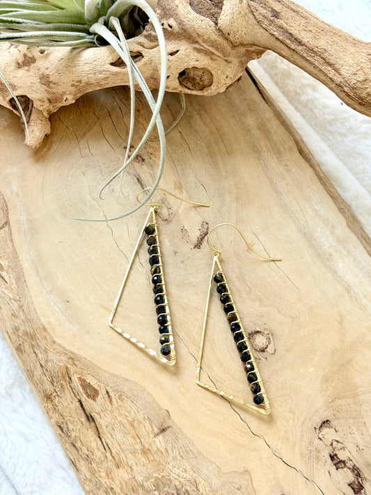 Navy-Brown Tiger Eye + Gold Large Triangle Earrings